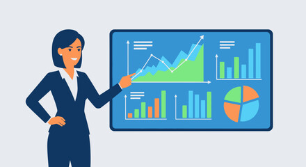 Businesswoman presenting financial data on screen illustration