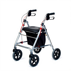 Four-wheeled rollator walker with padded seat, basket, and brakes, designed for mobility support, comfort, and independence in daily movement. AI generated.
