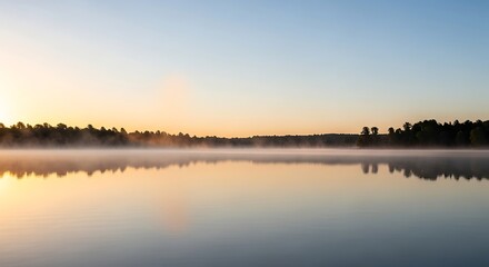 Fototapeta premium Serene sunrise over a misty lake with a distant treeline silhouette and golden reflections on the calm water, evoking peace and natural beauty.