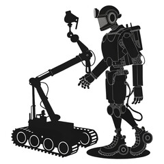 Futuristic robot assistant operates advanced machinery with precision in a high-tech industrial setting, showcasing innovation and automation.