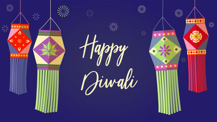 Festive Diwali banner, poster with glowing lanterns, warm lights, and copy space for greetings or promotions, set against a vibrant celebratory background.