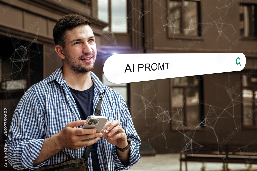 Poster young man searching for ai prompts on a mobile device in a city setting during daytime