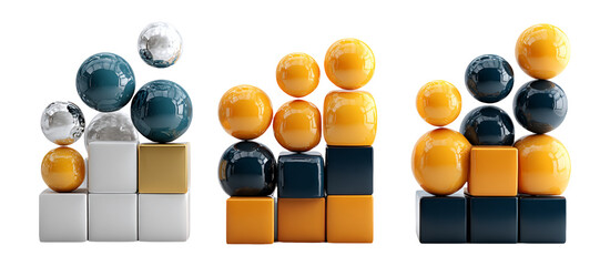 Colorful geometric shapes and spheres arranged in modern design