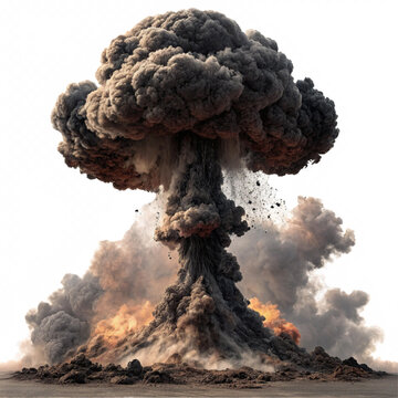 Massive nuclear explosion unleashing a colossal mushroom cloud of dark smoke and debris with intense fiery glow at base