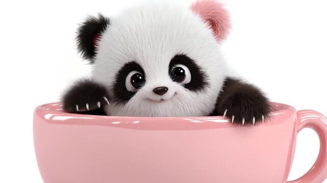 Animated panda waving from a pastel pink teacup on white background