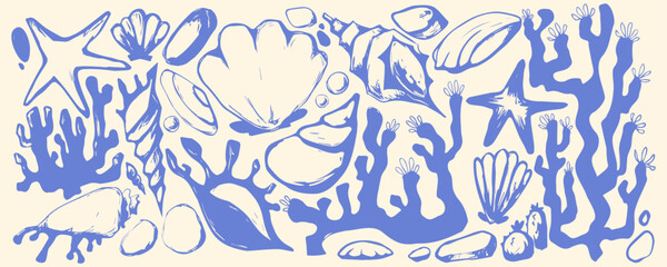 Coastal boho shell illustration with marine elements - blue seashells, starfish, coral and ocean algae on white bg. Hand drawn beach collection for nautical designs or seaside decorative artwork.