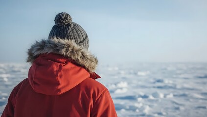 Person in red parka and beanie gazes at snowy arctic landscape