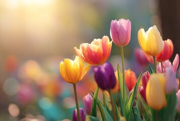 Sunlit tulips in vibrant hues of yellow, pink, purple, and orange bask in soft, blurred light, creating a colorful, dreamlike floral landscape