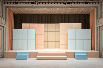 Minimalist stage design with pastel blocks blue