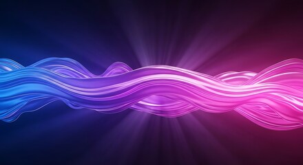 Vibrant abstract waves in blue, purple, and pink with glowing light rays create a dynamic, modern background, symbolizing data, energy, or fluid motion in a digital space.
