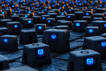 Obraz premium Dark grey cube-shaped devices, many, with glowing blue camera icons
