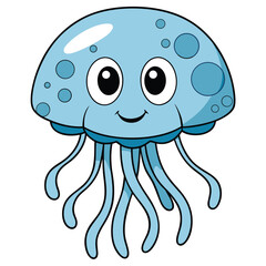 Cartoon Jellyfish with Smiling Face and Tentacles on White Background