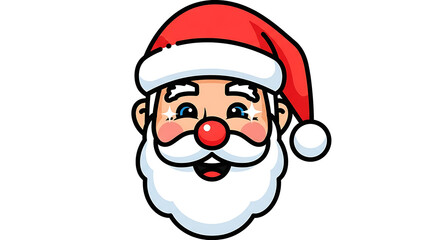 Illustration of cheerful santa claus face with a bright red hat, fluffy white beard, and twinkling eyes, radiating holiday spirit and joy isolated on white background