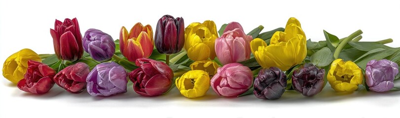 Row of colorful tulips. Reds, yellows, purples flowers. Green leaves. Flowers isolated on white. Bright and lively floral art