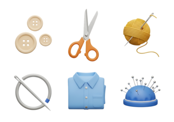 3d icon of sewing and crafting supplies, including scissors, buttons, yarn, needle, thread, and fabric, isolated on transparent background