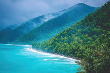 Lush tropical coastline with misty mountains