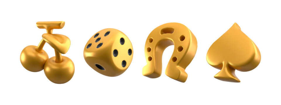 3D casino icon set with golden cherry and dice, horseshoe and spade for gambling applications. Luxury metallic glossy game symbols for slot machines or betting interfaces. Premium fortune elements
