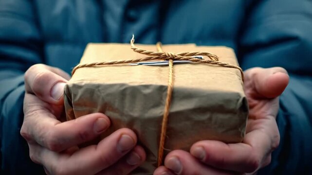 A person holding a brown paper wrapped present in their hands