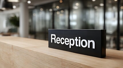 Reception sign on counter in modern office interior.