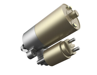 Isolated Car Starter Motor PNG - Crucial Engine Electrical Part for Auto Ignition Systems and Vehicle Maintenance. Professional Studio Shot of a Heavy-Duty Replacement Component for Reliable Starting.