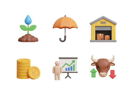 3d icon of set of 3d icons representing business and finance concepts growth, insurance, warehouse, money, presentation, and stock market, isolated on transparent background