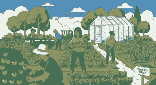 Community Garden Harvesting Vegetables Illustration with Diverse Volunteers - Powered by Adobe