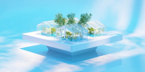 Futuristic smart factory model with green trees and sustainable design elements