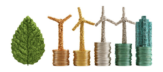 Green Energy Concept with Coins and Leaf Symbolizing Sustainability
