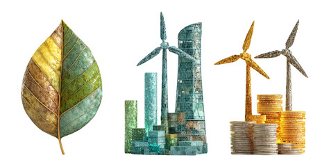 Green Leaf with Eco-friendly Symbols of Sustainability and Wealth