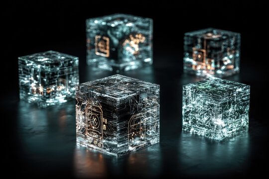 Glowing, translucent cubes with intricate circuitry patterns