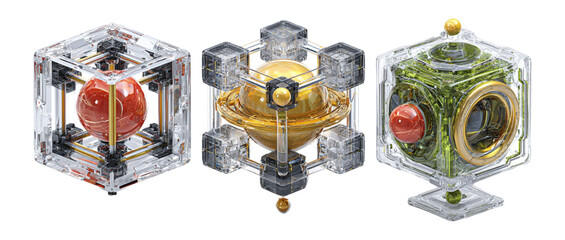 Abstract geometric shapes with colorful spheres in transparent cubes