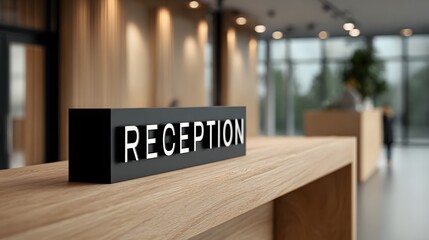 Reception sign on wooden desk in modern office.