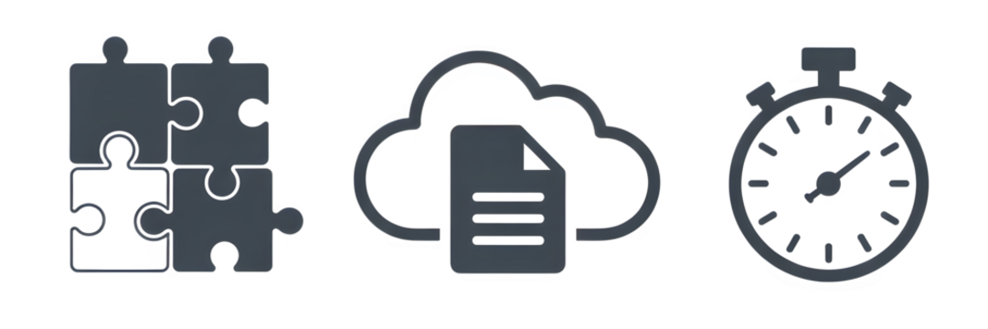 Puzzle pieces connecting cloud data storage and a stopwatch timer representing problem solving efficiency and time management concepts