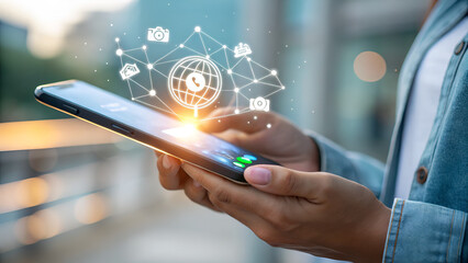 “Close-up of hand holding modern smartphone with glowing screen, digital lifestyle concept.”