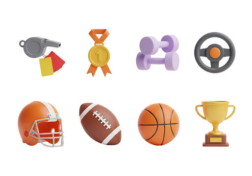 3d icon of collection of sports equipment and awards isolated on transparent background
