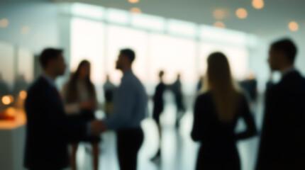 Atmosphere of professional networking with silhouettes of participants exchanging handshakes and conversations