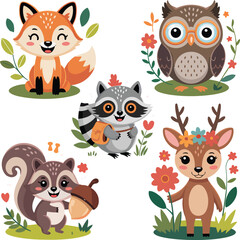 Fototapeta premium Adorable woodland creatures with flowers and foliage raccoon deer