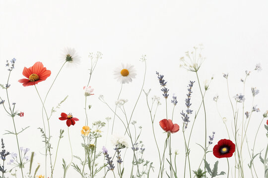 Beautiful arrangement of wildflowers and meadow blossoms on a pure white background. Minimalistic botanical composition perfect for nature, floral design, and spring theme