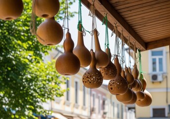 Handmade carved gourds hanging from a wooden canopy