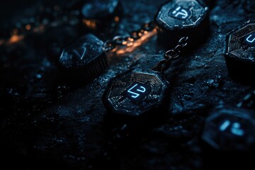 Dark, metallic, octagonal charms with glowing numbers, linked by a chain, on a textured surface