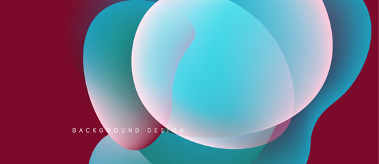 Abstract fluid shapes overlap, creating vibrant color gradients. Background features maroon, teal, turquoise hues. Modern design element.