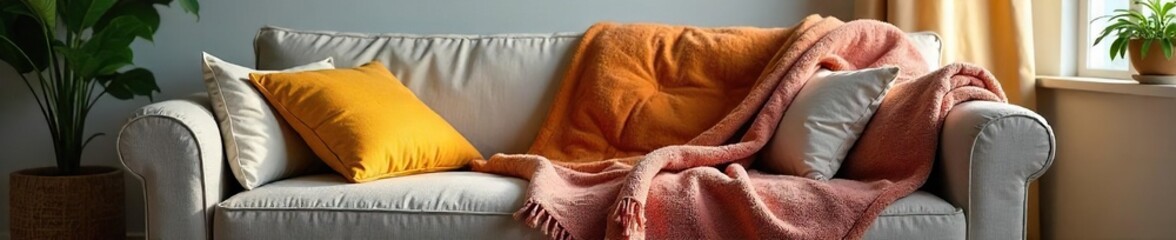 Fototapeta premium Cozy living room scene featuring a stylish throw blanket draped over a comfortable sofa, perfect for gifting Adds warmth and texture to any home , yellow, rustic