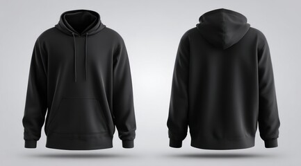 Black hooded sweatshirt on a soft gray gradient background, shown from the front and back, emphasizing the design of the garment