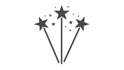 Three dark gray magic wands with stars, radiating outwards on a white background