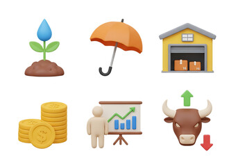 3d icon of collection of 3d icons representing business, finance, and technology concepts, isolated on transparent background