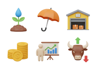 3d icon of collection of 3d icons representing business, finance, and technology concepts, isolated on transparent background