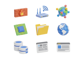 3d icon of set of 3d icons for digital technology, networking, and data management, isolated on transparent background