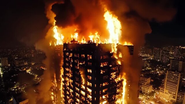 A tall building is engulfed by flames in the middle of a city
