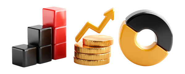 3D Business Growth Representation with Graphs and Coins Isolated