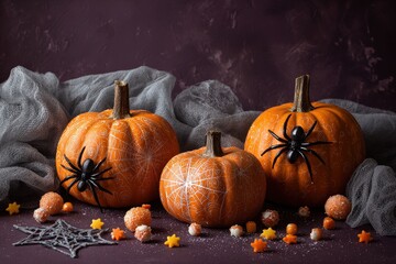 Three decorated pumpkins, adorned with spiderwebs and spiders, sit on a dark purple background, draped with gray gauze.